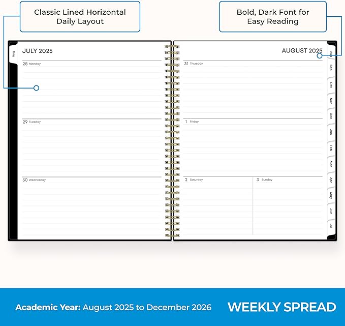 Blue Sky 2025-2026 Academic Year Weekly and Monthly Planner Calendar, August 2025 - December 2026, 17-Month, 8.5" x 11", Flexible Cover, Wirebound, Laminated Tabs, Black