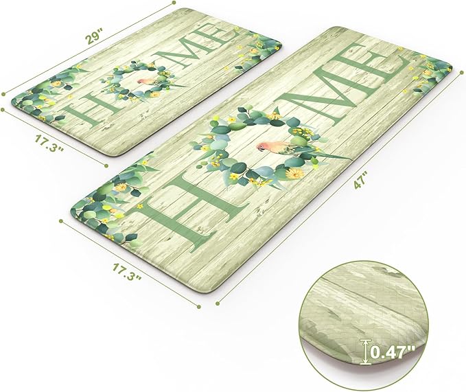 KIMODE Anti Fatigue Kitchen Mats for Floor 2 Piece,Farmhouse Spring Rugs Non Slip,Cushioned Memory Foam Carpet for Sink Laundry Office Bathroom,Green 17"x47"+17"x29"