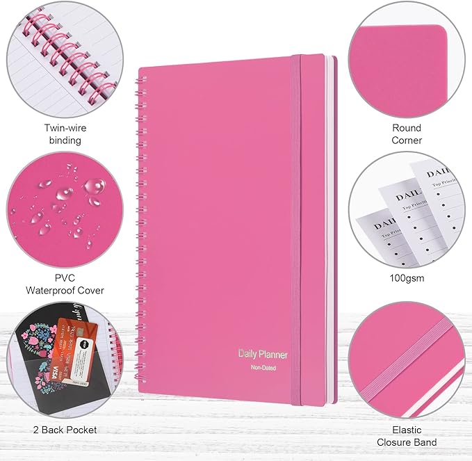 Daily Planner Undated, Asten To Do List Notebook Hourly Schedules Spiral Appointment Planner for Men and Women,PVC Hardcover,Elastic Closure, Inner Pocket 8.3" x 5.8" (Pink)