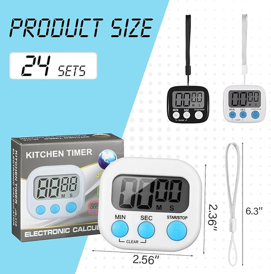 Weewooday 24 Packs Small Digital Kitchen Timer Magnetic Back and Switch Minute Second Count up Countdown Big LCD Display Loud Alarm for Teacher Cooking Baking(Black, White)