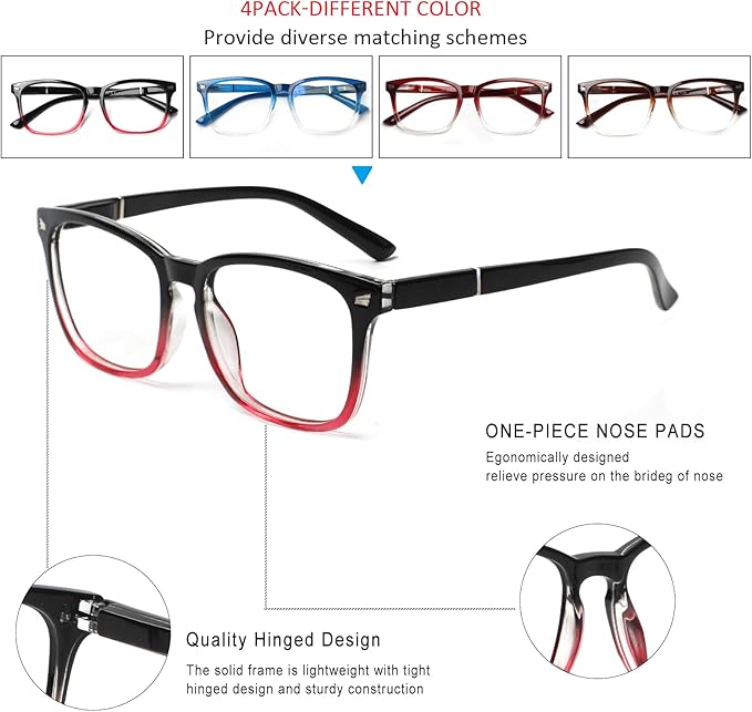 Henotin 4-Pack Blue Light Blocking Reading Glasses Women Men,Spring Hinge Computer Readers,Anti UV Ray Square Nerd Eyeglasses (Mixed Color-A, 1.25)