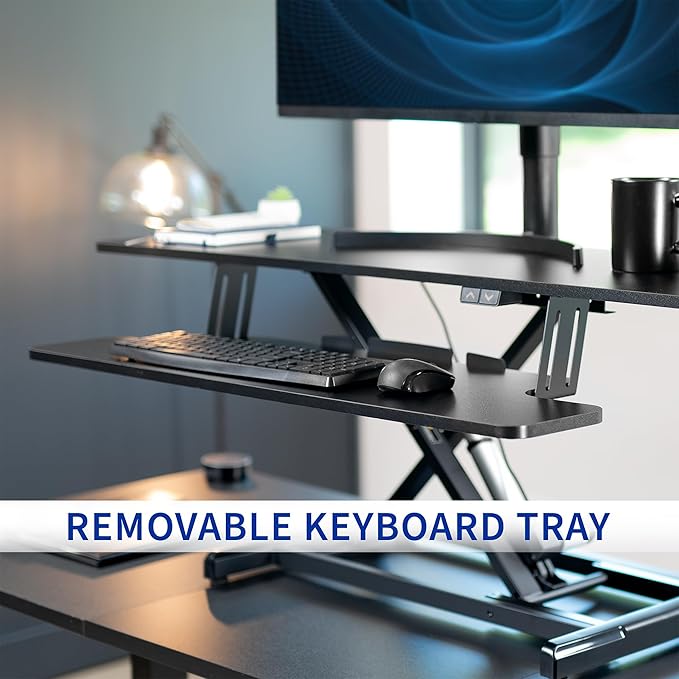 VIVO 47 inch Electric Motor Desk Converter, Height Adjustable Riser, Sit to Stand Dual Monitor and Laptop Workstation with Wide Keyboard Tray, Black, DESK-VE48B