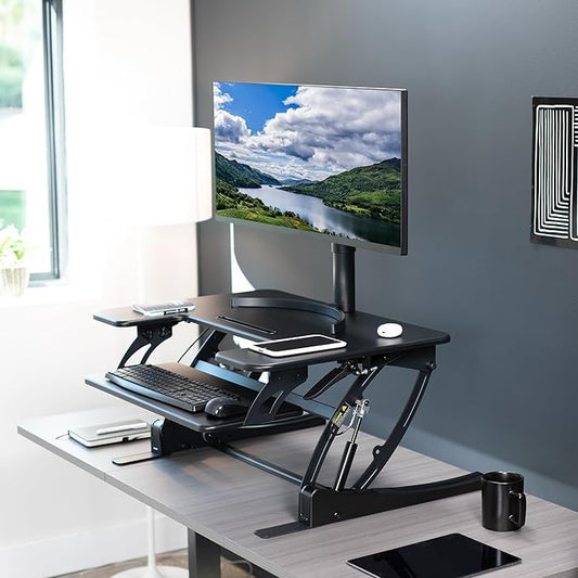 VIVO 32 inch Height Adjustable Stand Up Desk Converter, V Series, Quick Sit to Stand Tabletop Dual Monitor Riser Workstation, Black, DESK-V000VS