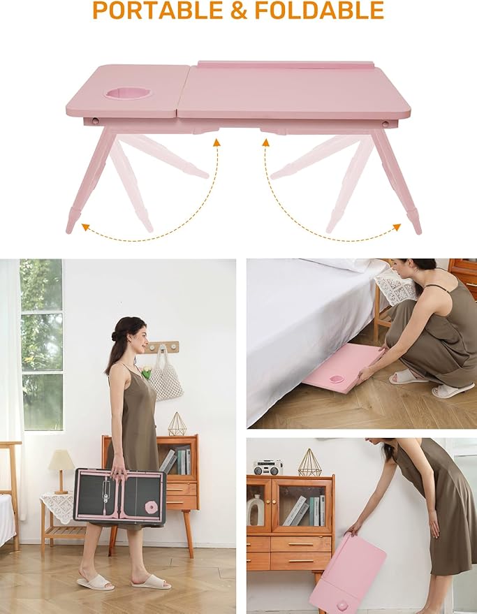Lap Desk for Couch/Sofa/Floor, 5-Angle Adjustable Bed Desk with Foldable Legs &Cup Holder, Light Weight Bed Tray Table for Writing/Eating/Reading, Portable Laptop Stand for Adults, Kids