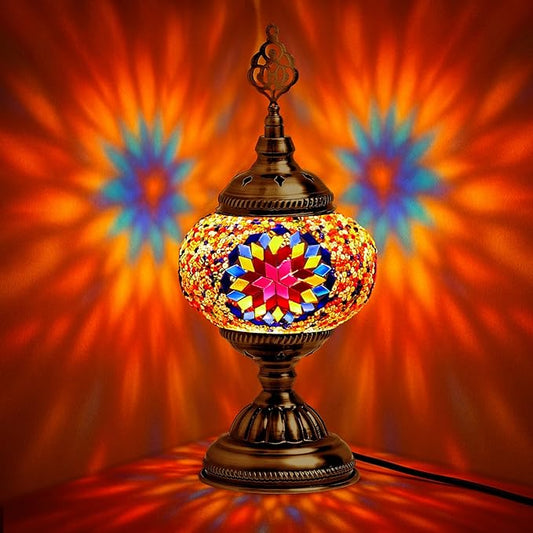 Large Globe Turkish Moroccan Table Lamp Handmade Vintage Colorful Moroccan Glass Lampshade Turkish Desk Lamp Bohemian Decorative Night Light for Bedroom, Living Room, Gift (LED Bulb Included)