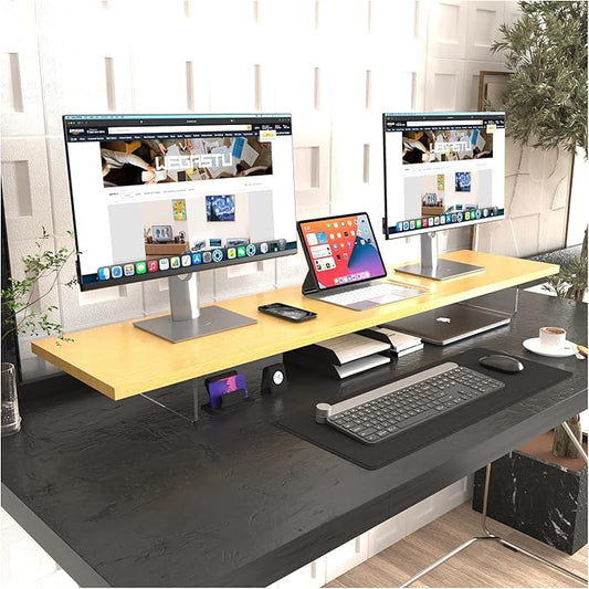 Crystal Clear Acrylic Monitor Stand,Leg levitating design Height Adjustable,Dual Monitor Riser Shelf Organizer for Desk、Home Office、Printer、TV Screen、Keyboard Storage (Nature)