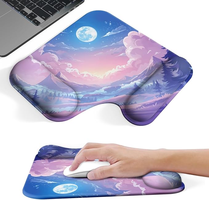 Ergonomic Mouse Pad with Gel Wrist Rest (1"& 1.2" Dual Height) - Mouse Pads Compact Mousepad Desk Mat Office, Gaming & Carpal Tunnel Relief | Non-Slip Rubber Base| Cloud Moon