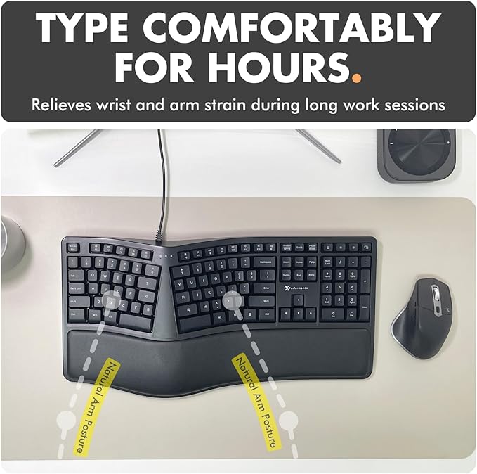 X9 Wired Ergonomic Keyboard with Cushioned Wrist Rest - Type Comfortably Longer - USB Wired Split Keyboard for Laptop, PC & Chrome Computer with 110 Ergo Keys & 5ft Cable