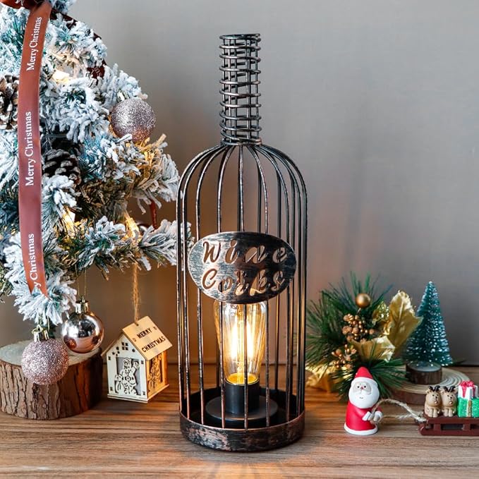 JHY DESIGN Decorative Table Lamp Battery Powered 13.5”H Cordless Metal Wine Cork Holder Lamp with 6-Hour Timer for Tabletop Home Patio Dining Room Living Room(Black Brushed Gold)