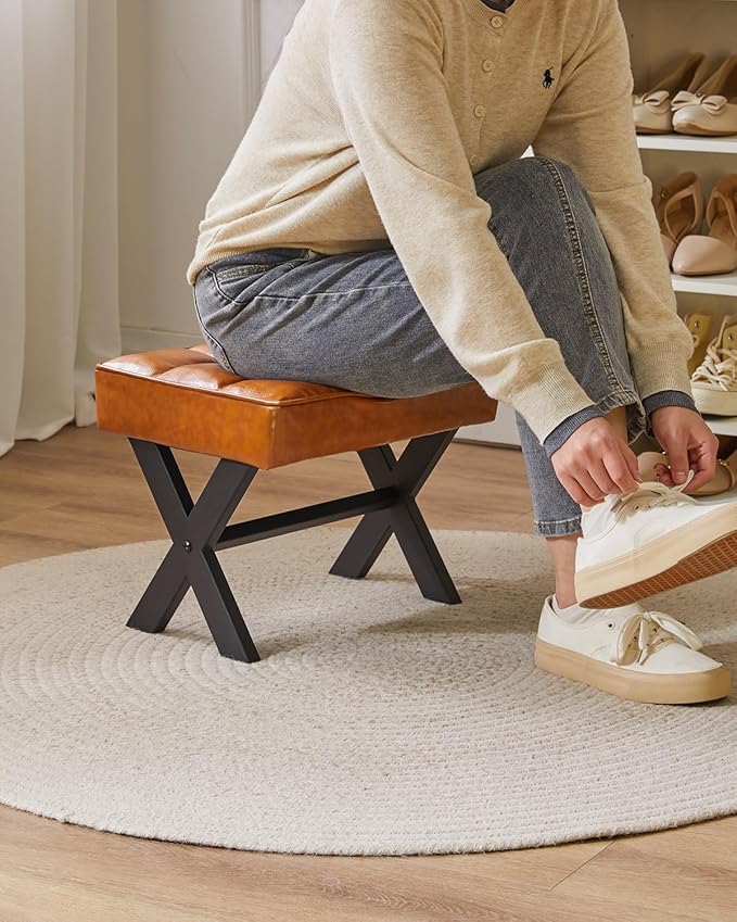 IBUYKE Small 12" H Footrest Stool, Square PU Foot Stool with Metal X-Leg, Multi-Use as Small Side Table, Step Stool for Living Room, Bedroom, Entryway, Office, Light Brown WBD012J