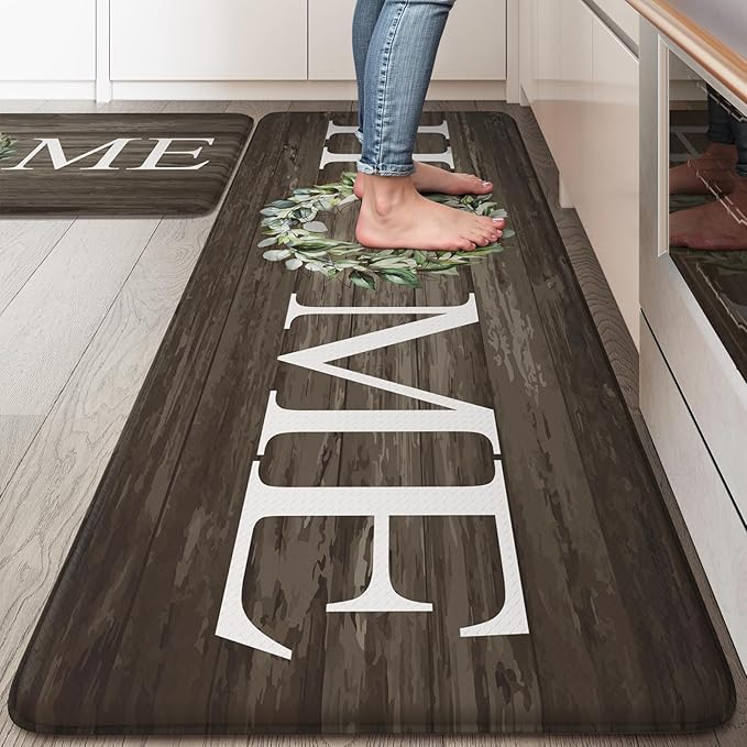 KIMODE Anti Fatigue Kitchen Mats for Floor 2 Piece, Farmhouse Kitchen Rugs Non Slip, Cushioned Kitchen Floor Mats, Memory Foam Kitchen Mat for Sink, Laundry, Office, Desk Brown 20"x47"+20"x32"