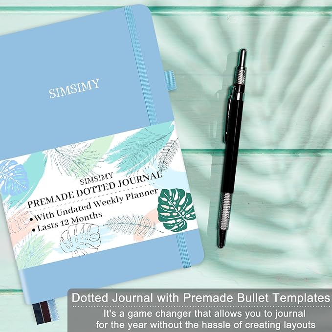 Premade Bullet Dotted Journal with Undated Weekly Monthly Planner, Pre-made Dot Grid Journaling Aesthetic Notebook for Goals Gratitude Budget Exercise Habits Mood Sleep Tracker - 12 Month