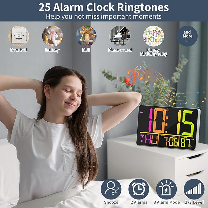 13" Large Digital Wall Clock with Remote, RGB Color Changing, 25 Ringtones, 0-100% Auto/Custom Brightness, Temperature, Calendar, 12/24H, DST, Timer, for Living Room/Bedroom/Office/Elderly