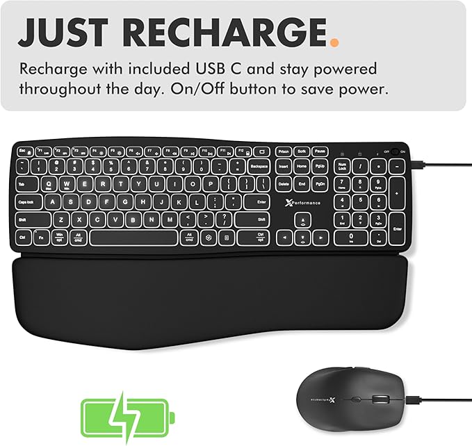 X9 Wave Backlit Wireless Keyboard and Mouse (Bluetooth + 2.4G) Ergonomic Keyboard and Mouse Wireless Combo with Detachable Wrist Rest, Rechargeable, Full-Size Set for Phone, Computer, Laptop, Mac