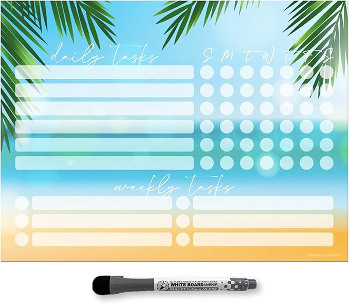 Dry Erase Whiteboard Task Planner | Removable and Restickable Adhesive Decal | Fine-Tip Magnetic Marker Included (9 x 12 inches, Beach)
