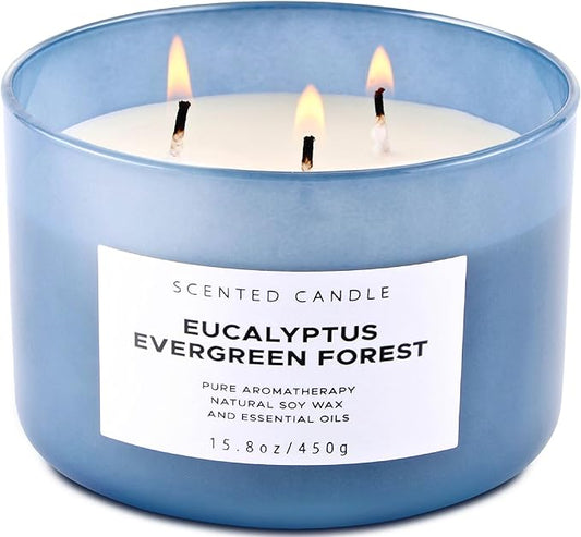 Eucalyptus Evergreen Forest 3 Wick Scented Candle | Luxury Soy Candles for Home | Relaxing Aromatherapy Stress Relief Candle 15.8 oz | Clean Burn Long Lasting Balsam Fir Woods Candles for Men & Women