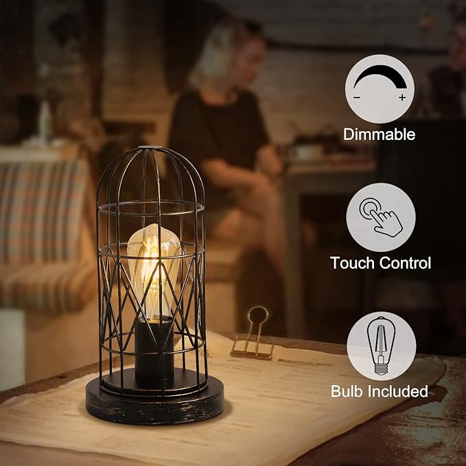 Industrial Table Lamp, Small Touch Lamp with Rustic Cage Vintage Bedside Lamp 3 Way Dimmable Nightstand Lamp Edison Desk Lamp for Bedroom, Living Room, Hallway, Entryway, Kitchen, 4W LED Bulb Included