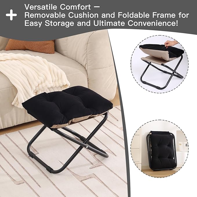 LITA Folding Upholstered Footrest Stool with Straight & Square Shape, Black