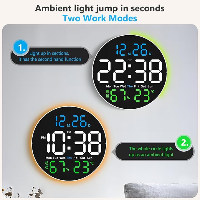 Digital Wall Clock, 10 inch Large LED Display Digital Clock with RGB Light, Remote Control, Auto-Brightness Dimmer with Night Lights, 2 Alarm, Silent Wall Clock Show Date Week DST Temp
