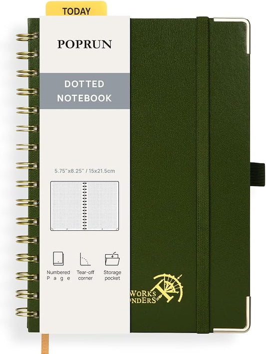 POPRUN Spiral Dotted Journal Notebook, [A5-5.75'' x 8.25''] - 120 GSM Thick Paper, 141 Numbered Pages, Hardcover for Men & Women with Pocket, Index Tabs, 8 Perforated Sheets, Oilve