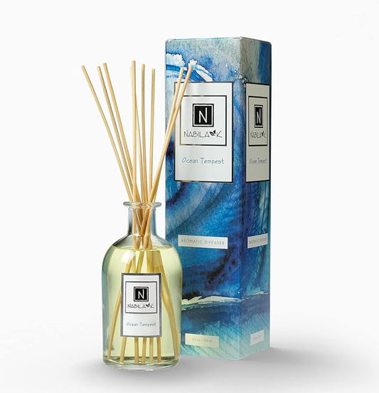 Nabila K Ocean Tempest Reed Diffuser Set – Fresh Floral & Marine Aromatic Oil for Home – Long-Lasting, Smokeless Scent – Made in USA – Includes Reeds + Bottle – Flameless Candle Alternative