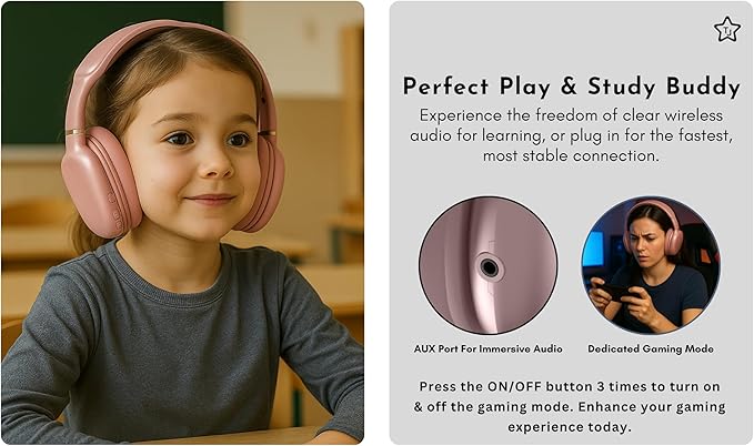 TJ Active Noise Cancelling Bluetooth Over Ear Headphones | Supersoft Leather Wireless Headset Wired Built-in MIC 24H Playtime High Res Audio Travel/Work/School/Students/Running/Gym (Pink)