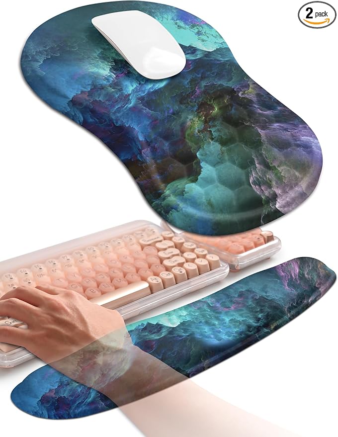 Hokafenle 2in1 Combination, Wave Keyboard Wrist Rest and Ergonomic Curvature Mouse Pad Wrist Support for Relieve Wrist Pain, Filled with Soft Cushion Memory Foam, Nebula Dreamland