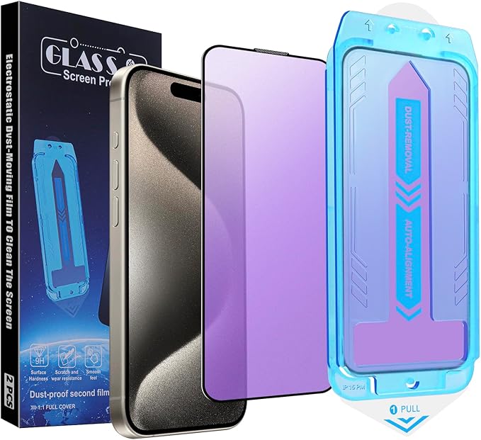 2-Pack Anti Blue Light Matte Screen Protector for iPhone 15 Pro Max, 9H Tempered Glass, Full Coverage, Anti-Fingerprint, Auto Dust-Elimination, No Bubble, Easy Installation