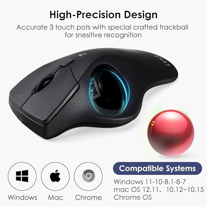 SANWA Bluetooth Wireless Ergonomic Trackball Mouse, Optical Rollerball Mice, Programmable Silent Buttons, 40mm Trackball, 600/800/1200/1600 DPI, Compatible with MacBook, Laptop, Windows, macOS