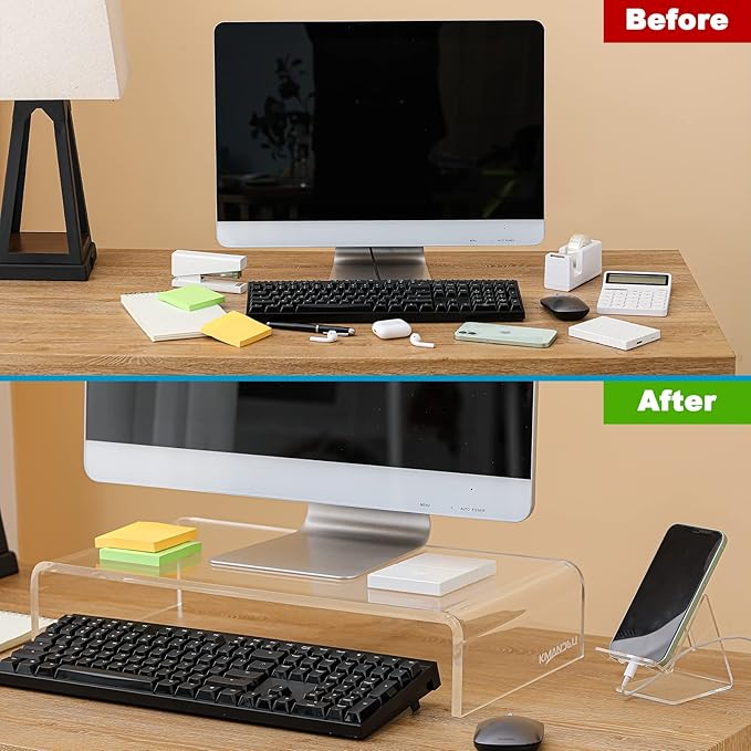 Premium Acrylic Monitor Stand – Extra-Wide 20" L x 10" W x 4" H Clear Computer Riser, Laptop Stand, Sleek Desktop Organizer for Office & Home, TV, Printer, with Bonus Acrylic Phone Stand