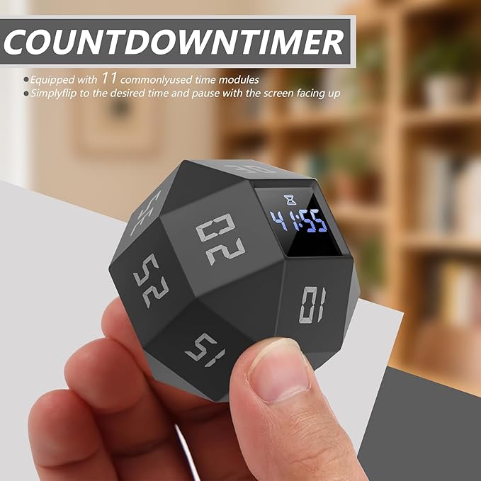 Mini 12-Sided Cube Timer with preset countdowns of 1-3-5-10-15-20-25-30-45-60-90 Minutes, a Rechargeable time Management Efficiency Tool Suitable for ADHD Management, Study and Cooking (Black)