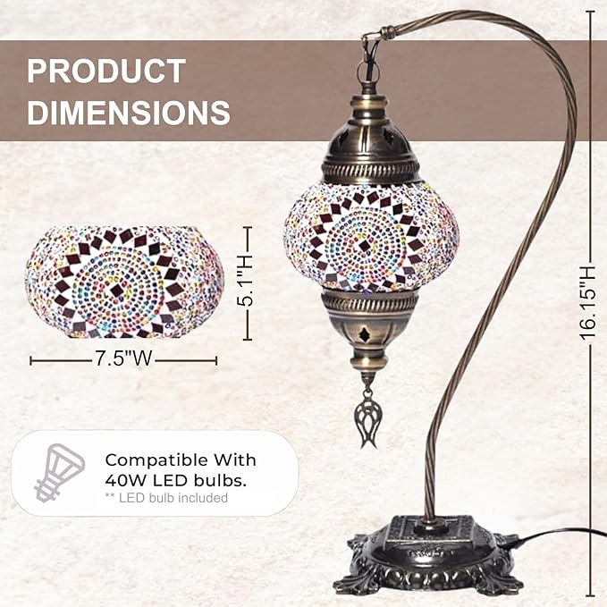 Kafthan Turkish Moroccan Mosaic Lamp – Handmade Glass Swan Neck Bedside Lamp with Antique Brass Base, Ideal Decor for Bedroom, Office, Living Room – Bulb Included (Multicolor Center Circle)