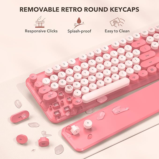 Wireless Keyboard and Mouse Combo - Retro Keyboard with Round Keycaps, Full-Size Typewriter Keyboard with Detachable Wrist Rest, 2.4GHz Connection for Mac/Windows/PC (Baby Pink)