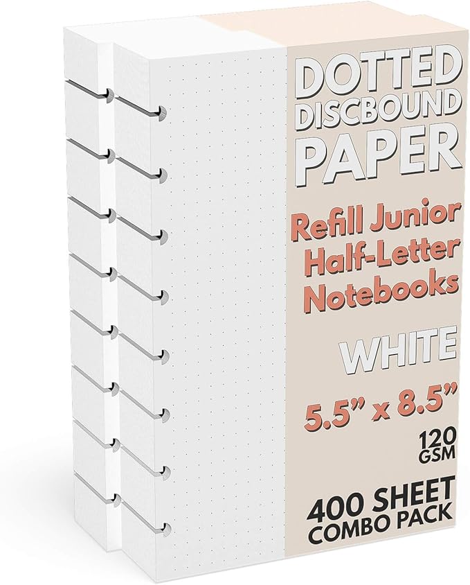Discbound Half-Letter Size Extra Thick Dot Grid Paper Refill, 400 Sheets (800 Pages), 5.5 in. x 8.5 in., 120 GSM, Junior Size