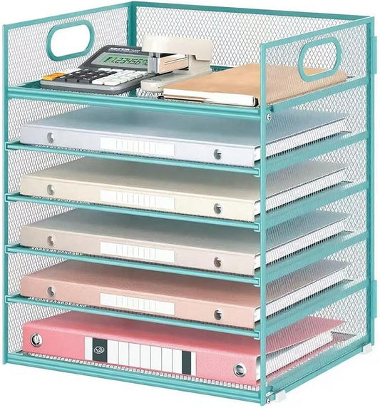 6 Tiers Letter Tray Paper Organizer with Handle, Mesh Desk File Organizer, Metal Desktop Document Shelf Organization, Paper Sorter Organizer for Office, Home or School File Folder Holder - Blue