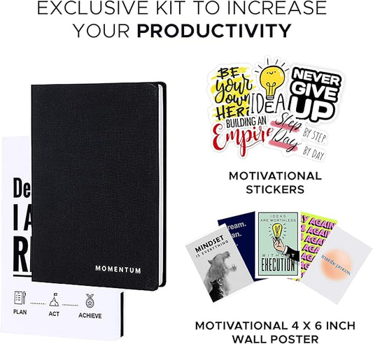Daily, Weekly, Monthly Productivity Planner Kit, Black Undated A5 size Planner - 192 Pages Journal Motivational stickers & Post cards - for Office, Students 2025