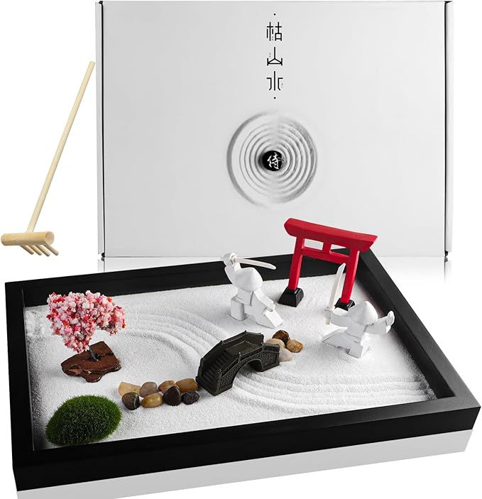 Japanese Zen Garden for Desk - Sakura Tree Samurai 12" x 8" Desktop Mini Zen Garden with White Sand Artificial Bonsai Tree Rocks Rakes & Accessories - Meditation Zen Gifts Office Decor