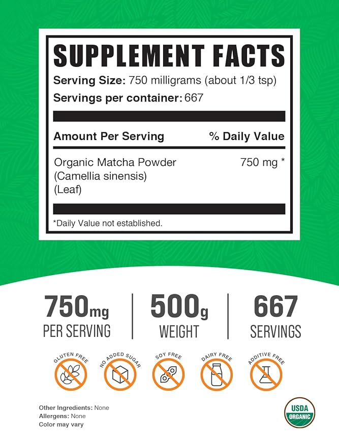 BulkSupplements.com Organic Matcha Powder - Matcha Powder for Latte, Culinary Grade Matcha - Organic & Gluten Free, 750mg per Serving, 500g (1.1 lbs) (Pack of 1)