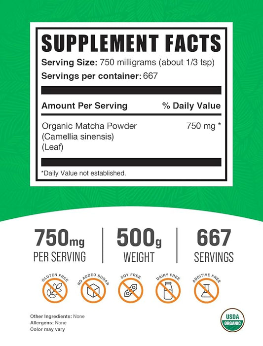 BulkSupplements.com Organic Matcha Powder - Matcha Powder for Latte, Culinary Grade Matcha - Organic & Gluten Free, 750mg per Serving, 500g (1.1 lbs) (Pack of 1)