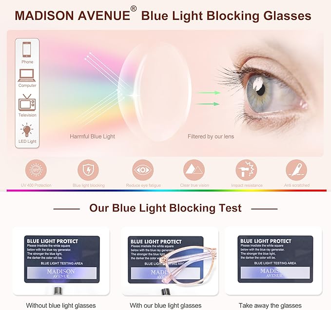 Madison Avenue Blue Light Blocking Glasses Anti Eyestrain UV Glare Blue Light Glasses for Women TV Phone Computer Gaming Eyeglasses Liberty (Crystal Brown)