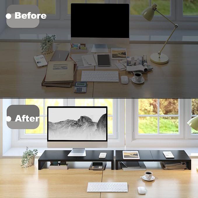 TEAMIX 2 Pack Monitor Stand Riser-20 inch, Black Desktop Stand for PC/TV/Laptop/Printer, Keyboard Shelf Organizer Wood Monitor Riser with Storage