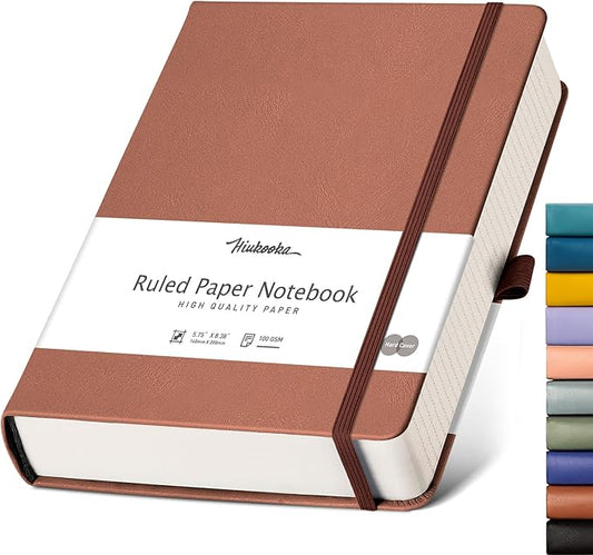 HIUKOOKA College Ruled Journal Notebook, 320 Pages A5 Notebook Hardcover Journal for Men, Thick Paper Notebooks for Work, Leather Journals for Writing,Office,School,5.75'' x 8.38'' - Brown