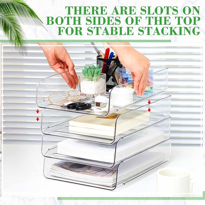 Juexica 4 Pcs Stackable Clear Letter Trays Organizer for Desk A4 Size File Paper Organizer Acrylic Desk Organizer Trays with Anti Skid Bottom for Home Office School (Vertical Opening Style)