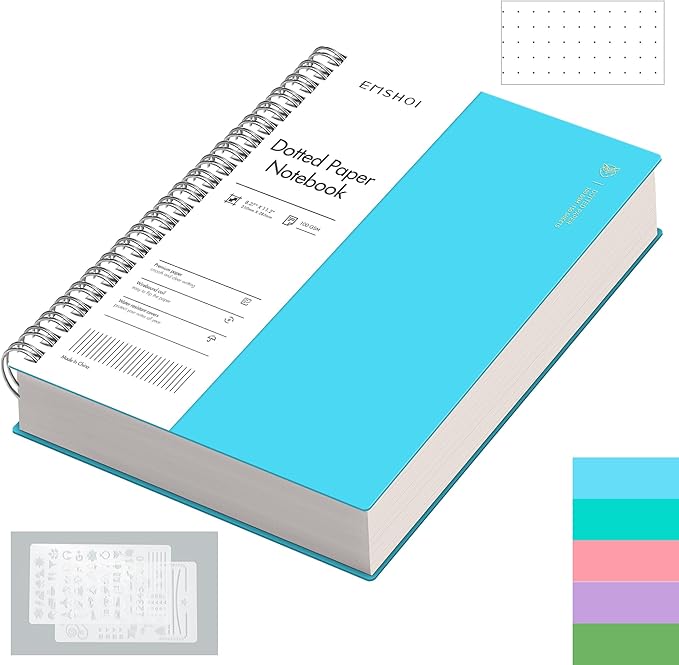 EMSHOI A4 Spiral Notebook Bullet Dotted journal, 11.2" X 8.27", 300 Pages/150 Sheets, 100gsm Dot Grid Paper, Waterproof Softcover, Twin-Wire Binding, for School Work Writing Note Taking-Blue