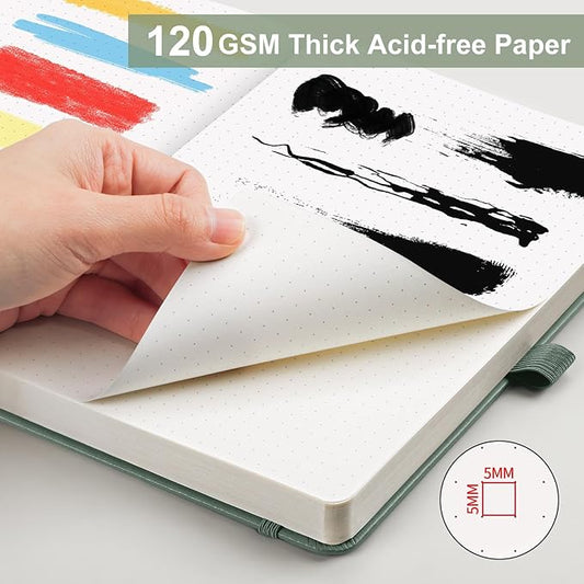 AHGXG Bullet Dotted Journal - Dot Grid Notebook Journal, 120 GSM Thick Acid-Free Paper, A5 Dotted Notebook 160 Pages, Leather Hardcover, Inner Pocket, Journal Stencil, 5.7'' × 8.3'' - Sage Green