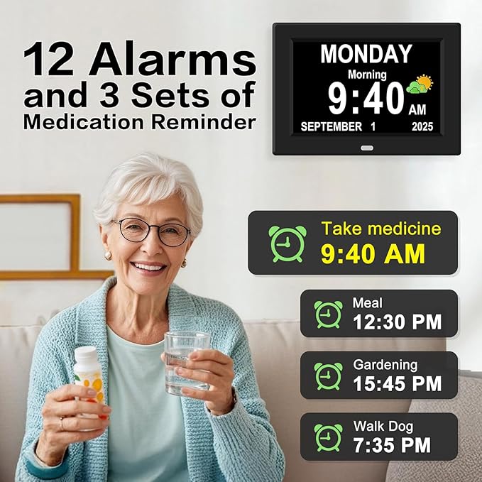 Digital Alarm Clock for Elderly Large Display for Seniors Electric Clocks with Date Day of Week 12 Alarms 4 Colors Desk Wall Calendar Clocks for Memory Loss Alzheimers Dementia Auto DST/Dimmer