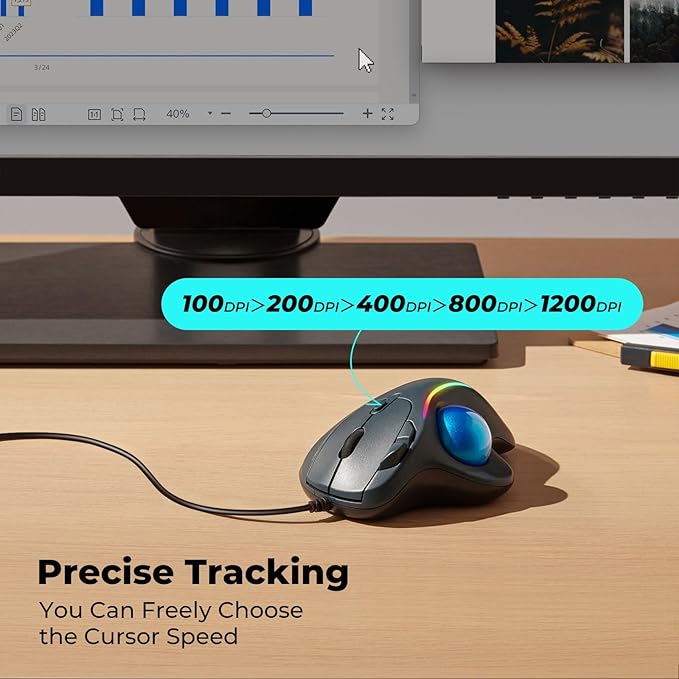 Wired Trackball Mouse with RGB Lighting, Ergonomic Thumb Control to Reduce Muscle Strain, 5 Adjustable DPI, Dual USB-C & USB-A Connectivity, Compatible with PC, Laptop, Mac, Windows-Blue