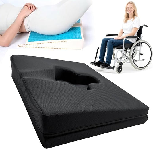 Gel Wheelchair Seat Cushion,Bed Sore Cushions for Butt,Relieve Sciatica,Coccyx,Pressure Sore and Ulcer Pain Relief Pillow,Cushion for Office Chairs,Removable&Washable Cover.(Elevated Set Black)