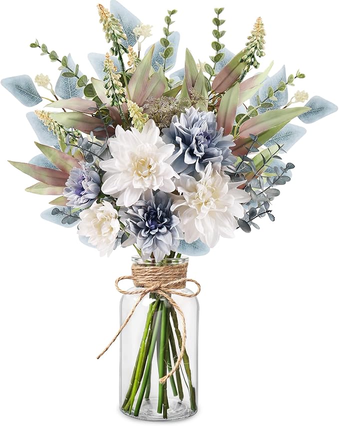 Fake Flowers in Vase Artificial Flowers Coffee Table Decor, Faux Flowers in Vase, Flower Arrangements Artificial Plants Silk Flowers for Home Decor Indoor Centerpiece Table Decorations (Blue White)