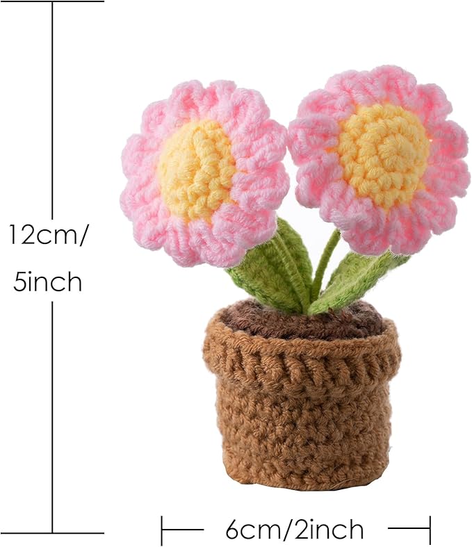 Handmade Crochet Flowers, Small Potted Plants, Knitted Desk Decorations for Home Office Decor (Two Sunflowers)